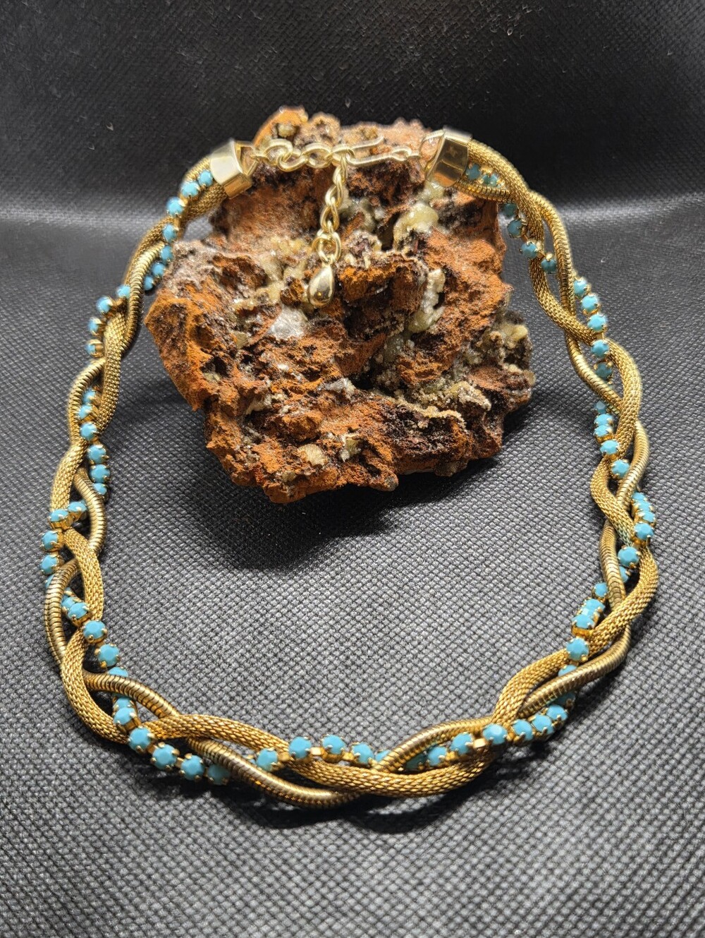 Vintage Three Strand Braided Necklace with Turquoise Stones